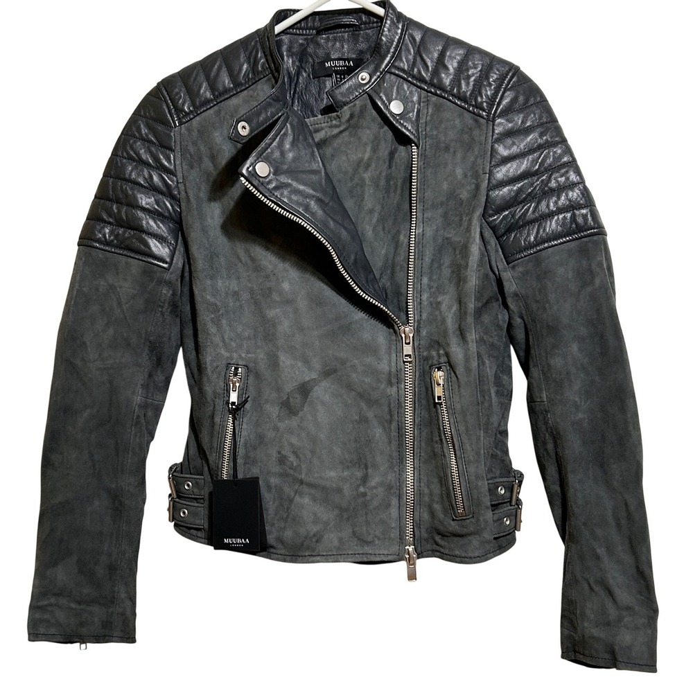 Muubaa London Suede Moto Jacket Womens Charcoal Biker Leather Trim